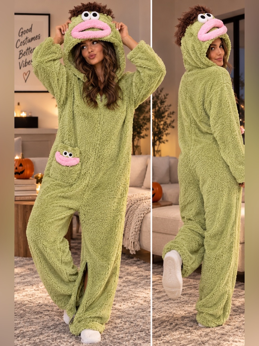 The Goofy Onesie Green Big Mouth Monster Adult Halloween Costume Plush Unisex